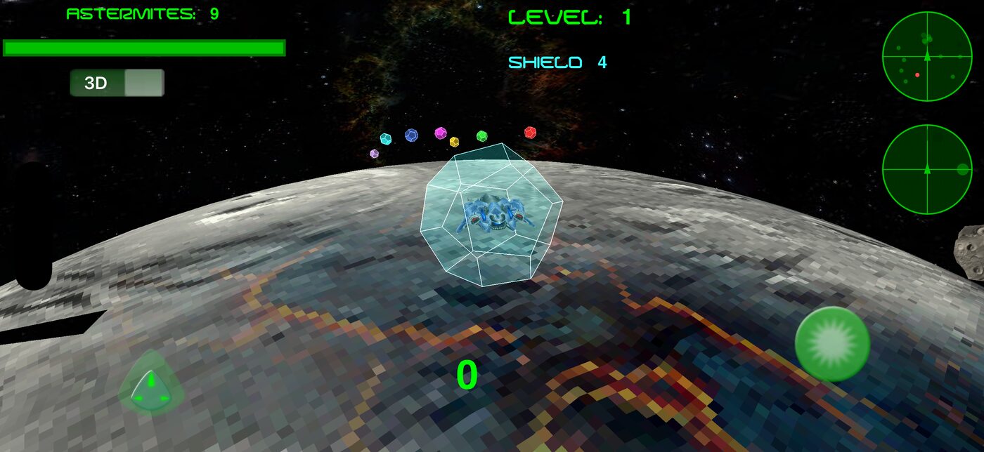 Your ship, shielded, flying over the moon with power-up crystals ahead